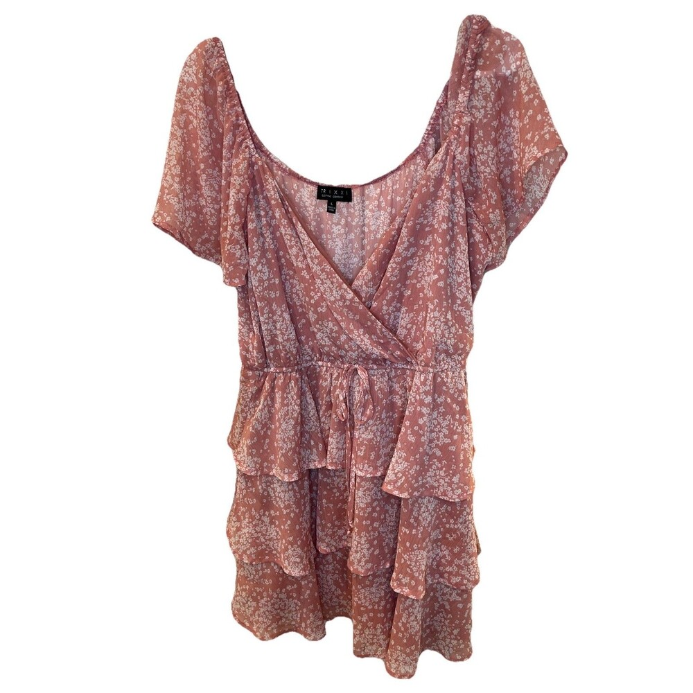 Trixxi Dress Womens Large Pink Floral Ruffle Wrap Tiered Boho Mini Spring Summer